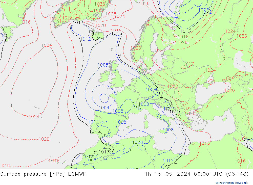 Pressione al suolo ECMWF gio 16.05.2024 06 UTC
