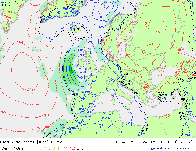 yüksek rüzgarlı alanlar ECMWF Sa 14.05.2024 18 UTC