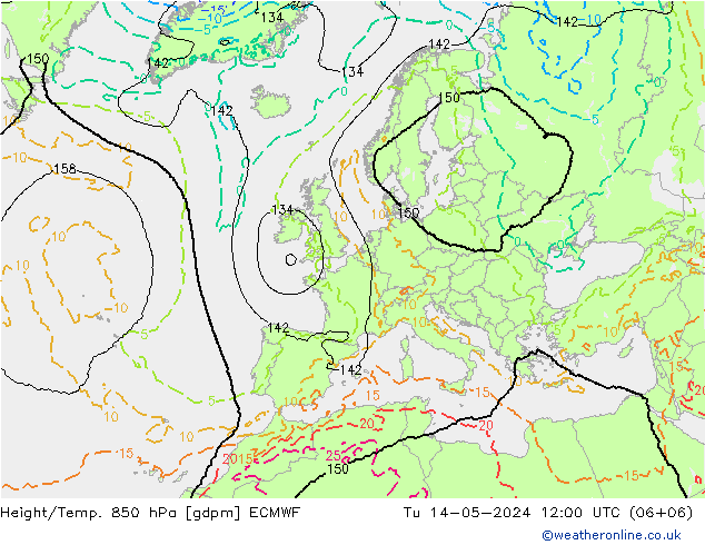 Height/Temp. 850 hPa ECMWF Út 14.05.2024 12 UTC