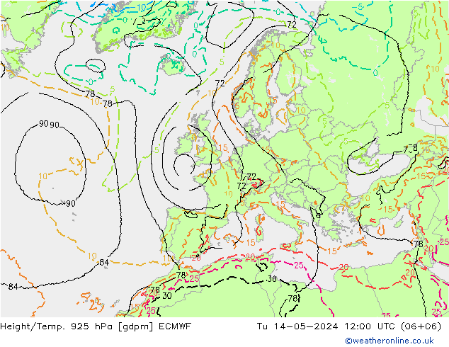 Geop./Temp. 925 hPa ECMWF mar 14.05.2024 12 UTC
