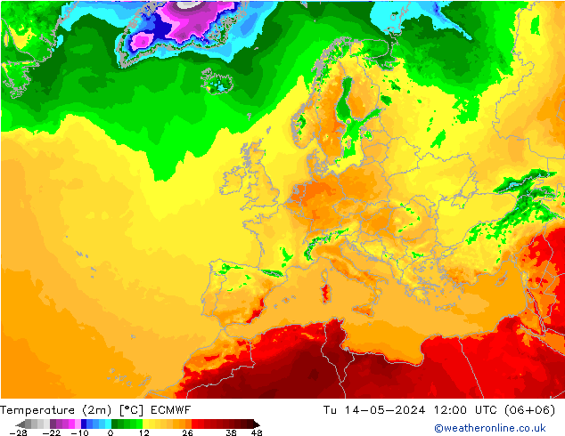 Temperature (2m) ECMWF Tu 14.05.2024 12 UTC
