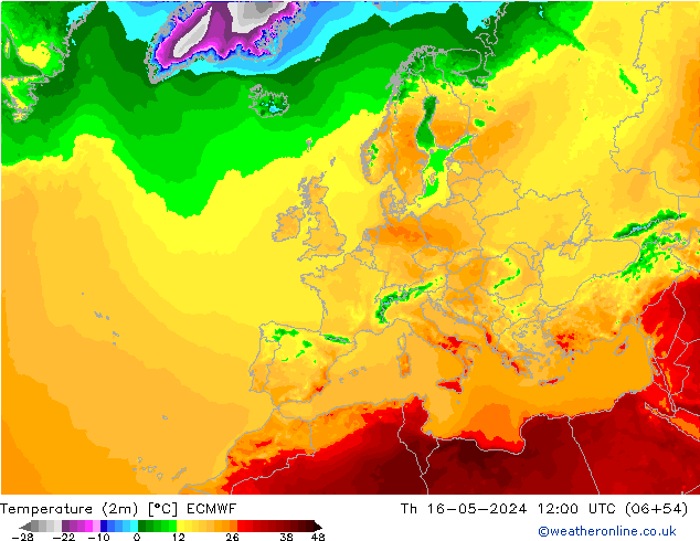 Temperatura (2m) ECMWF Qui 16.05.2024 12 UTC
