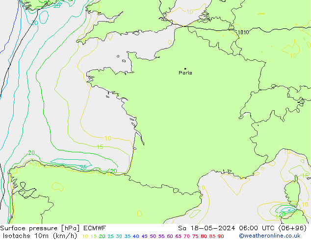 Isotachs (kph) ECMWF Sa 18.05.2024 06 UTC