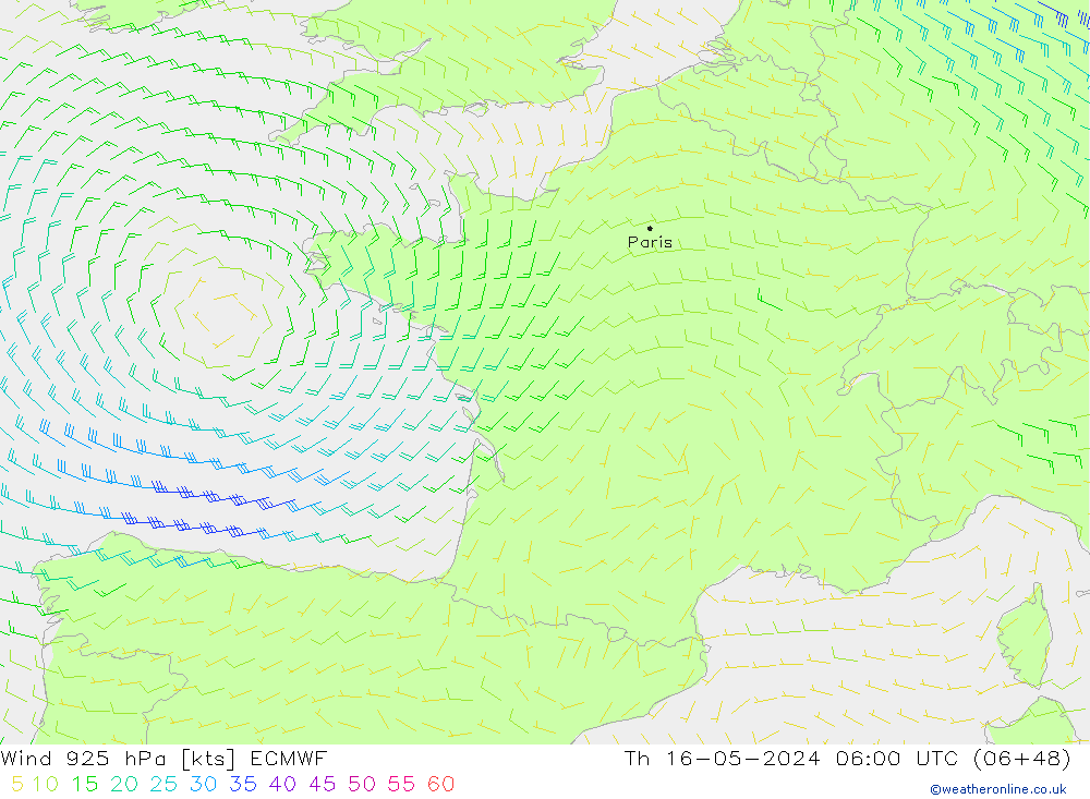 Wind 925 hPa ECMWF Do 16.05.2024 06 UTC