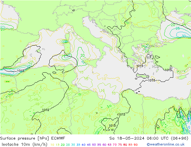 Eşrüzgar Hızları (km/sa) ECMWF Cts 18.05.2024 06 UTC