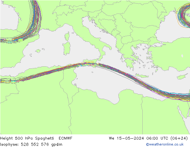 Height 500 hPa Spaghetti ECMWF Qua 15.05.2024 06 UTC