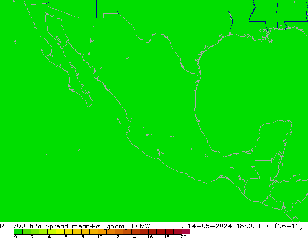 Humedad rel. 700hPa Spread ECMWF mar 14.05.2024 18 UTC