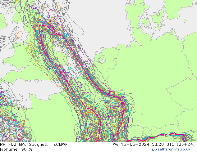 RH 700 hPa Spaghetti ECMWF Mi 15.05.2024 06 UTC