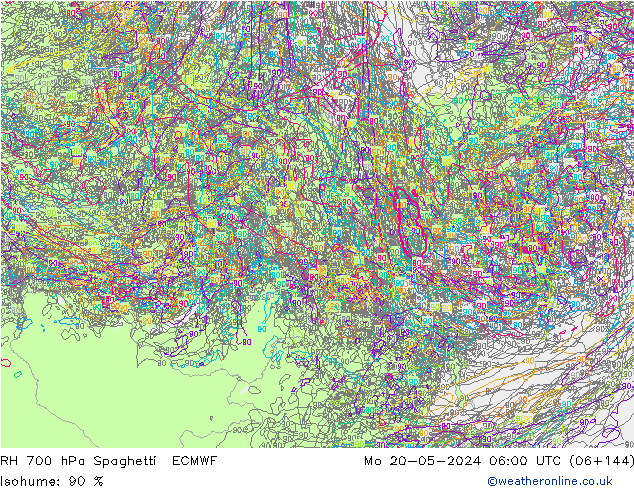 RH 700 hPa Spaghetti ECMWF lun 20.05.2024 06 UTC