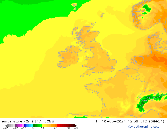 Temperatura (2m) ECMWF jue 16.05.2024 12 UTC