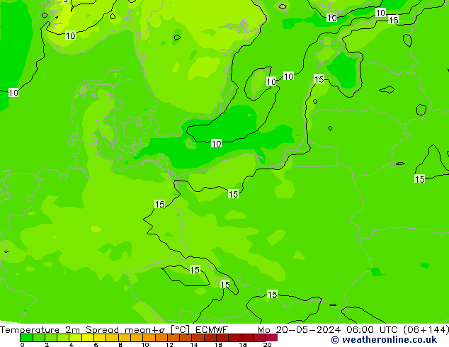 карта температуры Spread ECMWF пн 20.05.2024 06 UTC