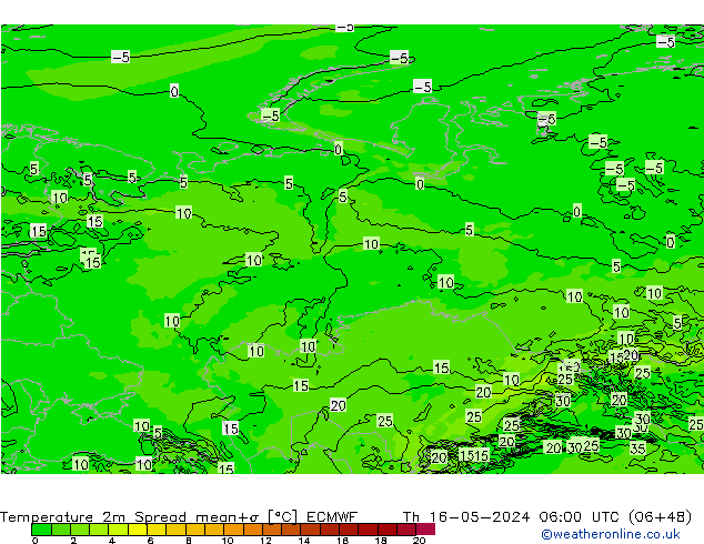 mapa temperatury 2m Spread ECMWF czw. 16.05.2024 06 UTC