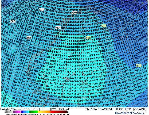 Height/Temp. 500 гПа ECMWF чт 16.05.2024 18 UTC