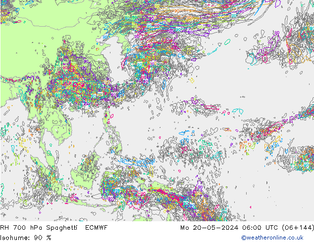 RH 700 гПа Spaghetti ECMWF пн 20.05.2024 06 UTC