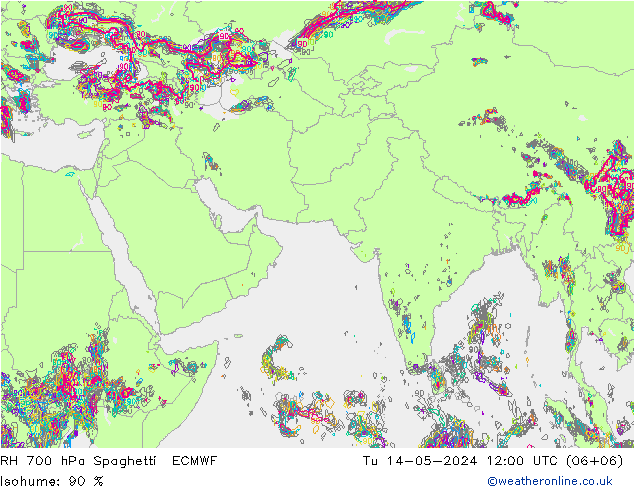 RH 700 hPa Spaghetti ECMWF 星期二 14.05.2024 12 UTC