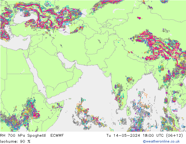RH 700 hPa Spaghetti ECMWF 星期二 14.05.2024 18 UTC