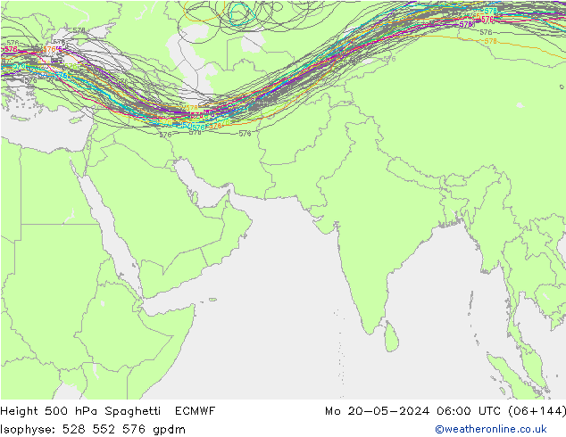 Height 500 hPa Spaghetti ECMWF 星期一 20.05.2024 06 UTC