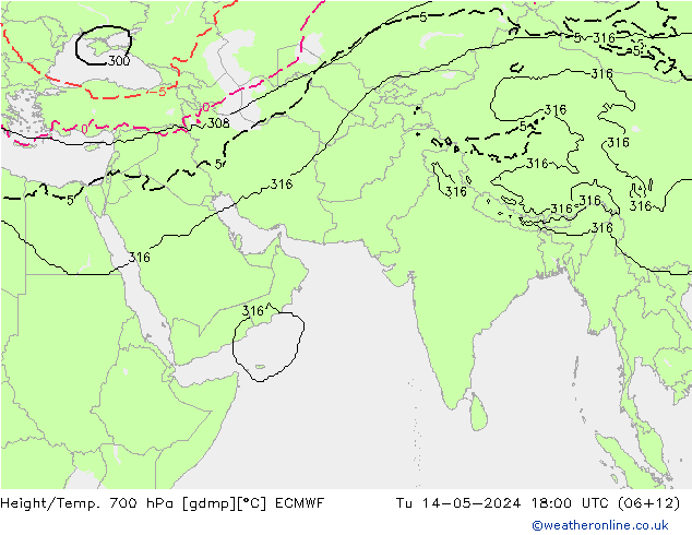 Geop./Temp. 700 hPa ECMWF mar 14.05.2024 18 UTC