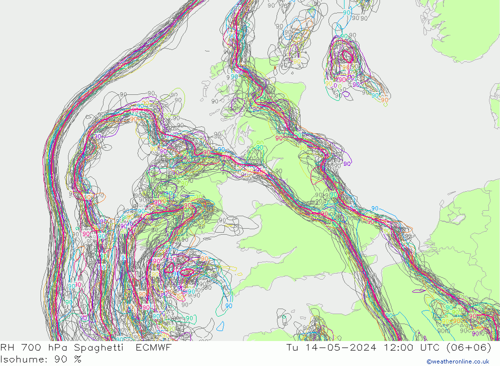 RH 700 hPa Spaghetti ECMWF Ter 14.05.2024 12 UTC