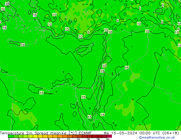 Temperatuurkaart Spread ECMWF wo 15.05.2024 00 UTC