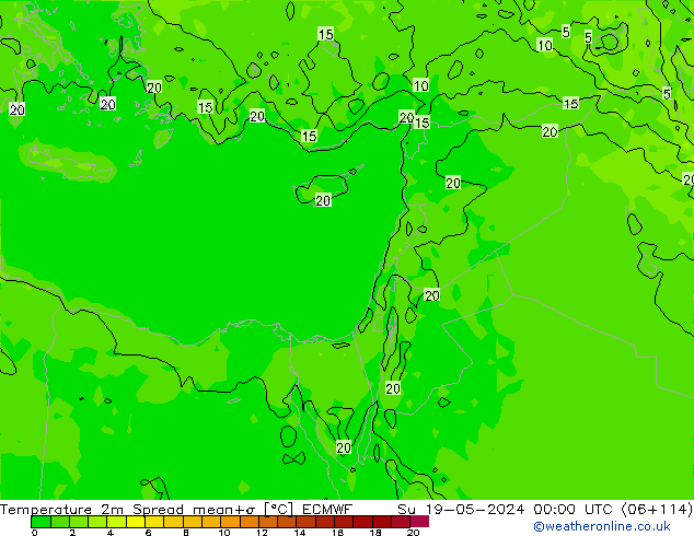 Temperatura 2m Spread ECMWF dom 19.05.2024 00 UTC