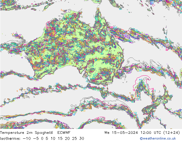 Temperatura 2m Spaghetti ECMWF Qua 15.05.2024 12 UTC