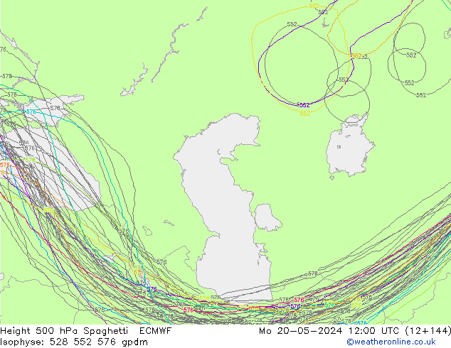 Height 500 hPa Spaghetti ECMWF Po 20.05.2024 12 UTC