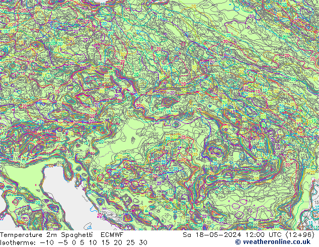Temperature 2m Spaghetti ECMWF Sa 18.05.2024 12 UTC