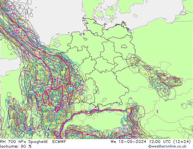RH 700 hPa Spaghetti ECMWF 星期三 15.05.2024 12 UTC
