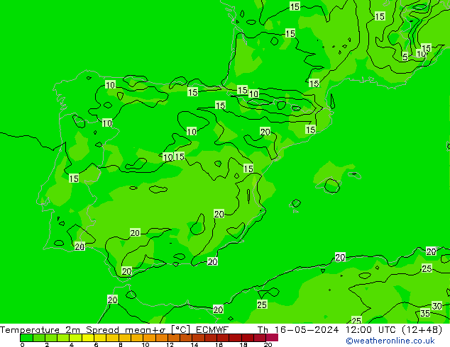 карта температуры Spread ECMWF чт 16.05.2024 12 UTC