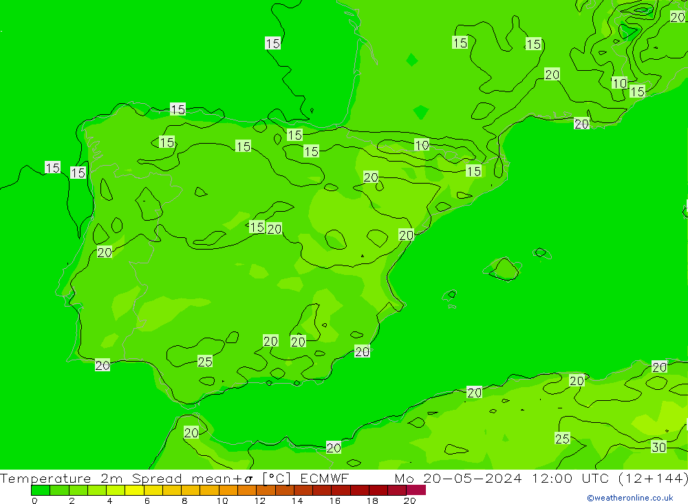 Temperature 2m Spread ECMWF Po 20.05.2024 12 UTC