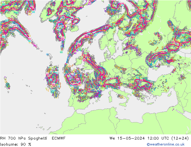 RH 700 hPa Spaghetti ECMWF 星期三 15.05.2024 12 UTC