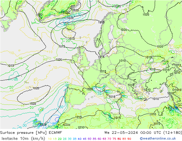 Isotachen (km/h) ECMWF Mi 22.05.2024 00 UTC