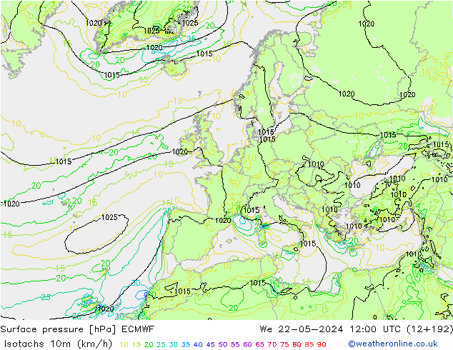 Isotachen (km/h) ECMWF wo 22.05.2024 12 UTC