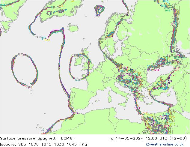 Surface pressure Spaghetti ECMWF Tu 14.05.2024 12 UTC