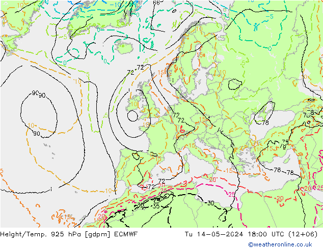 Geop./Temp. 925 hPa ECMWF mar 14.05.2024 18 UTC