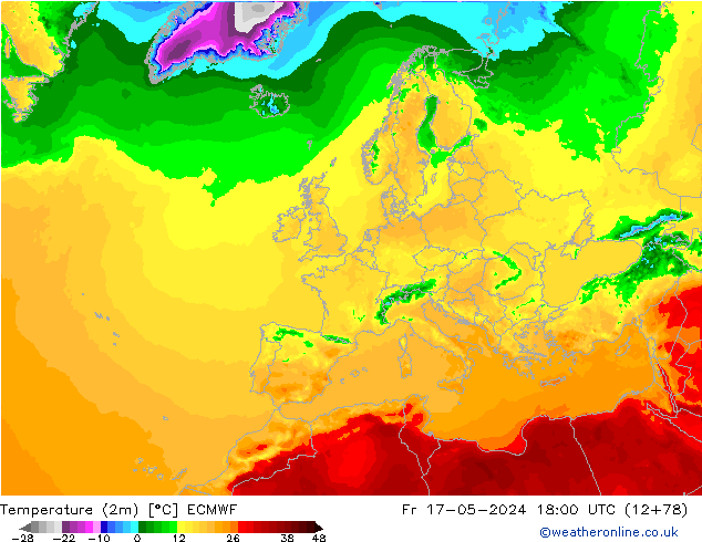 mapa temperatury (2m) ECMWF pt. 17.05.2024 18 UTC