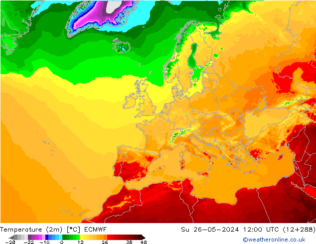 карта температуры ECMWF Вс 26.05.2024 12 UTC