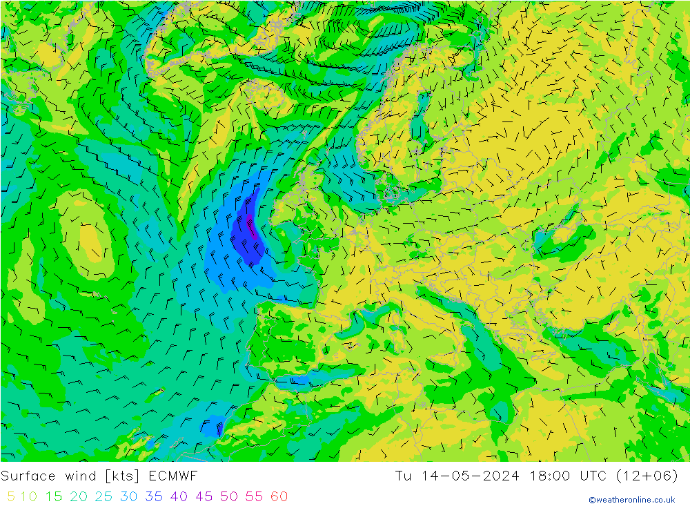 ветер 10 m ECMWF вт 14.05.2024 18 UTC