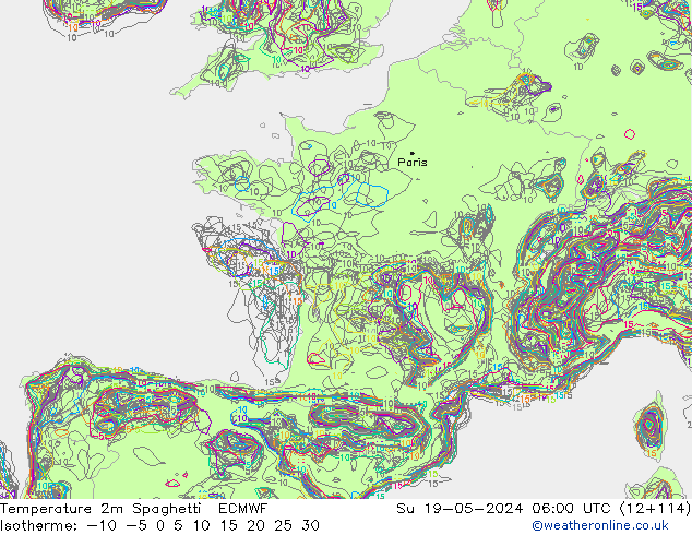 Temperatura 2m Spaghetti ECMWF Dom 19.05.2024 06 UTC