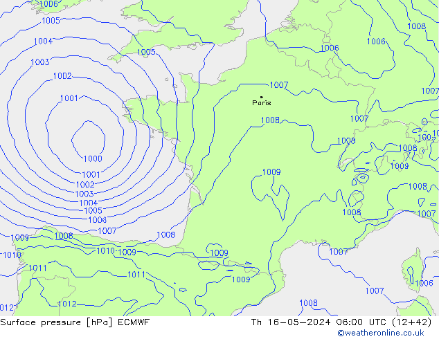 Presión superficial ECMWF jue 16.05.2024 06 UTC