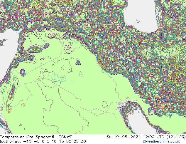 Temperature 2m Spaghetti ECMWF Su 19.05.2024 12 UTC