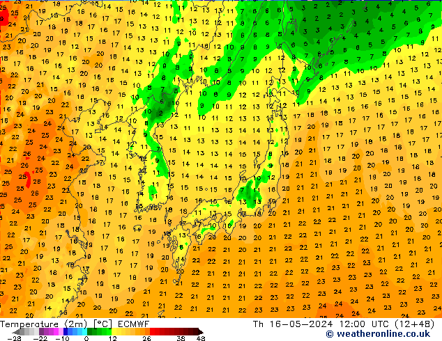 Temperaturkarte (2m) ECMWF Do 16.05.2024 12 UTC