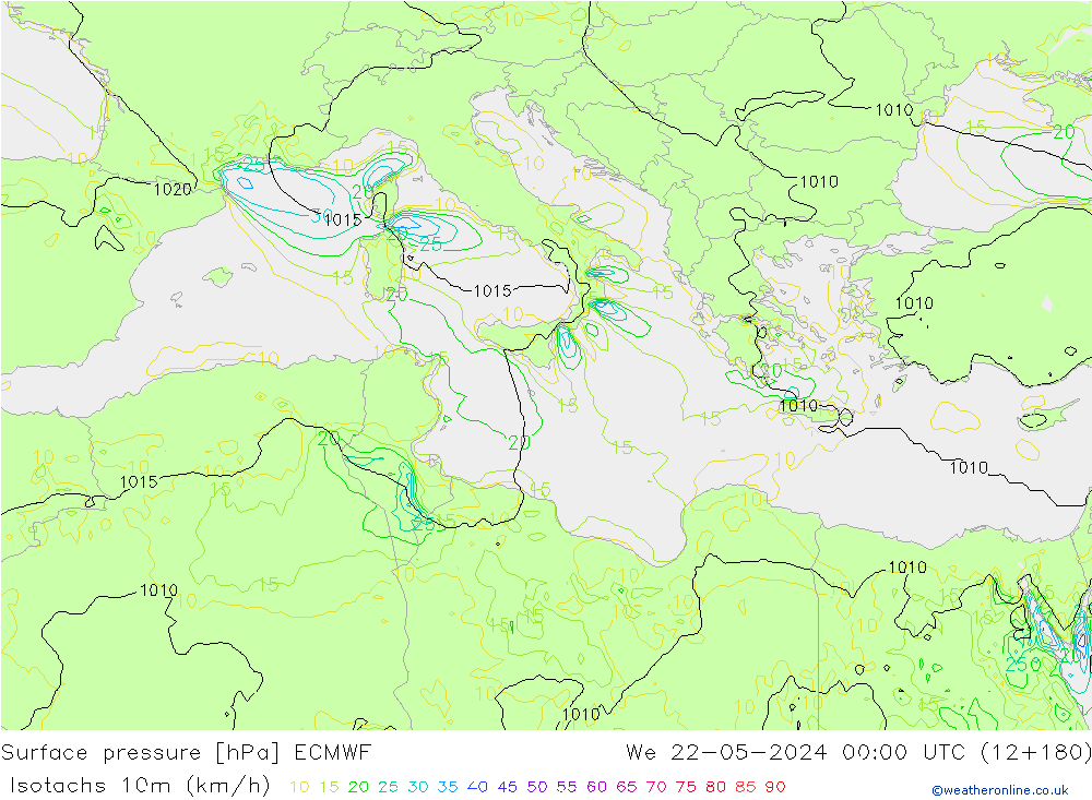 Isotachs (kph) ECMWF St 22.05.2024 00 UTC