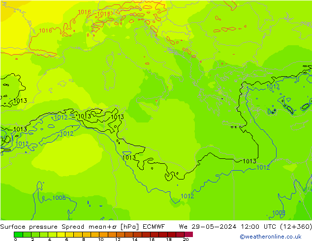 Surface pressure Spread ECMWF We 29.05.2024 12 UTC