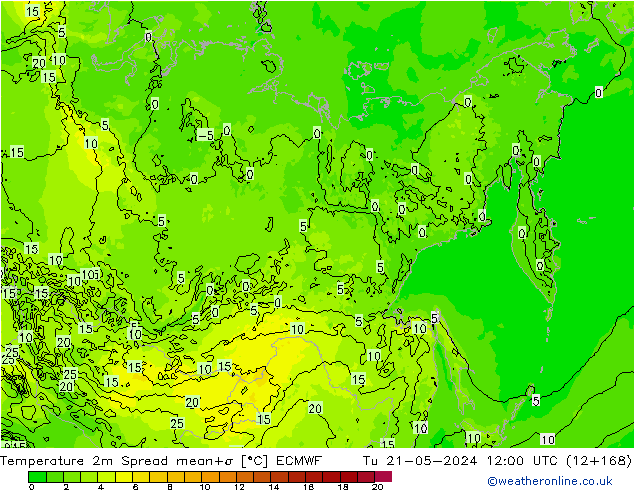 Temperatuurkaart Spread ECMWF di 21.05.2024 12 UTC
