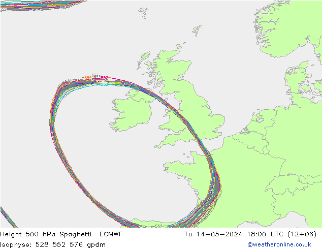 Height 500 гПа Spaghetti ECMWF вт 14.05.2024 18 UTC