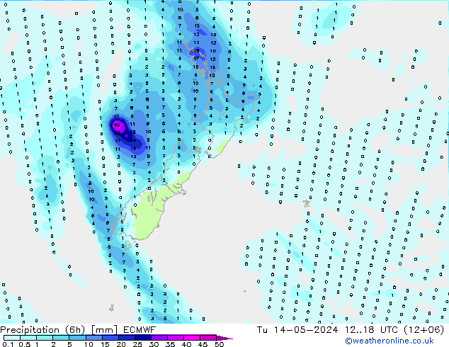 Precipitazione (6h) ECMWF mar 14.05.2024 18 UTC