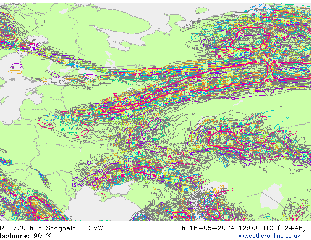 RH 700 гПа Spaghetti ECMWF чт 16.05.2024 12 UTC