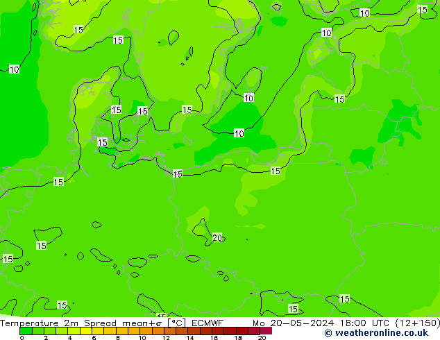 Temperature 2m Spread ECMWF Po 20.05.2024 18 UTC